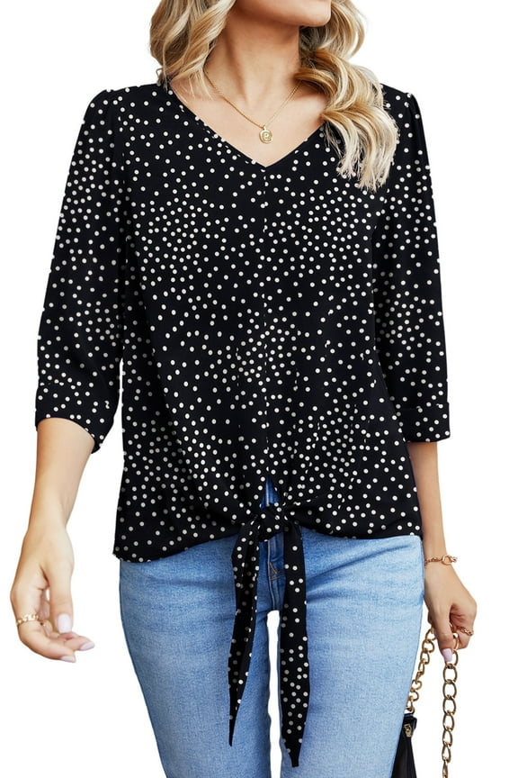 Chiffon Blouses for Women V Neck Tie Front 3/4 Sleeve Tops Business Casual Office Work Loose Top Shirts,Black_Dot,S