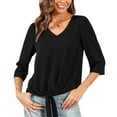 thumbnail image 1 of Uvplove Chiffon Blouses for Women V Neck Tie Front 3/4 Sleeve Tops Business Casual Office Work Loose Top Shirts,Black,M, 1 of 11
