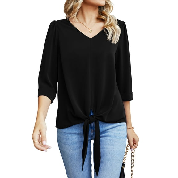 Uvplove Chiffon Blouses for Women V Neck Tie Front 3/4 Sleeve Tops Business Casual Office Work Loose Top Shirts,Black,XL
