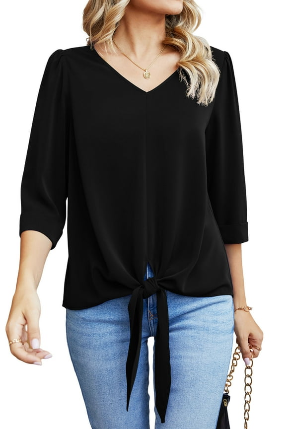 Chiffon Blouses for Women V Neck Tie Front 3/4 Sleeve Tops Business Casual Office Work Loose Top Shirts,Black,XL