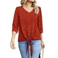 thumbnail image 1 of Uvplove Chiffon Blouses for Women V Neck Tie Front 3/4 Sleeve Tops Business Casual Office Work Loose Top Shirts,Flower_Wine_Red,S, 1 of 12