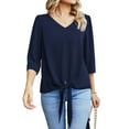 thumbnail image 1 of Uvplove Chiffon Blouses for Women V Neck Tie Front 3/4 Sleeve Tops Business Casual Office Work Loose Top Shirts,Navy_Blue,L, 1 of 12