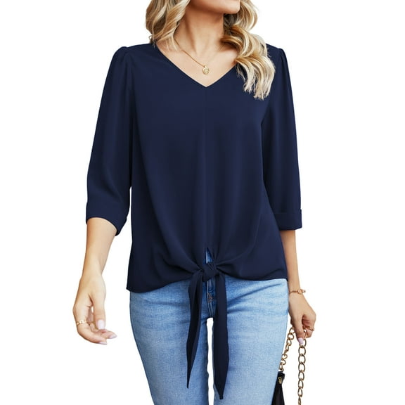 Uvplove Chiffon Blouses for Women V Neck Tie Front 3/4 Sleeve Tops Business Casual Office Work Loose Top Shirts,Navy_Blue,L