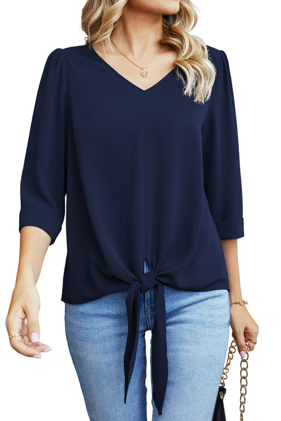 Chiffon Blouses for Women V Neck Tie Front 3/4 Sleeve Tops Business Casual Office Work Loose Top Shirts,Navy_Blue,L