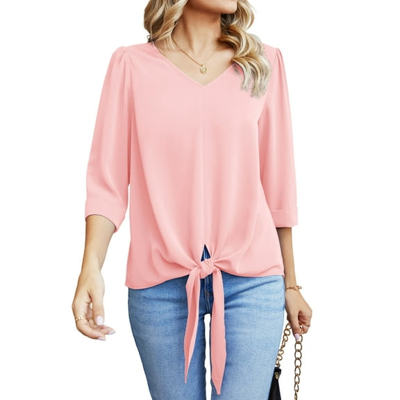 Uvplove Chiffon Blouses for Women V Neck Tie Front 3/4 Sleeve Tops Business Casual Office Work Loose Top Shirts,Pink,L