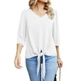 thumbnail image 1 of Uvplove Chiffon Blouses for Women V Neck Tie Front 3/4 Sleeve Tops Business Casual Office Work Loose Top Shirts,White,XL, 1 of 12
