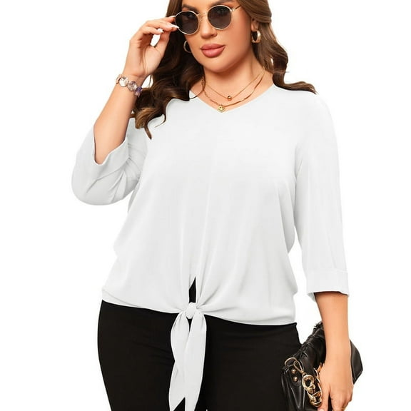 Uvplove Chiffon Blouses for Women V Neck Tie Front 3/4 Sleeve Tops Business Casual Office Work Loose Top Shirts,White,XXL
