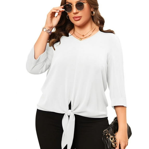 Uvplove Chiffon Blouses for Women V Neck Tie Front 3/4 Sleeve Tops Business Casual Office Work Loose Top Shirts,White,XXL