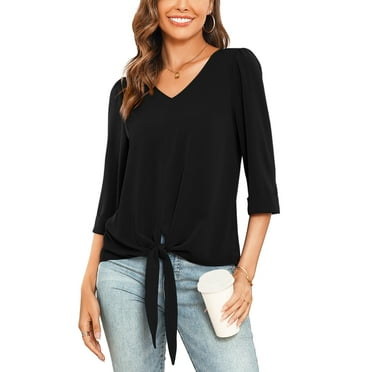 Uvplove Chiffon Blouses for Women V Neck Tie Front 3/4 Sleeve Tops Business Casual Office Work Loose Top Shirts