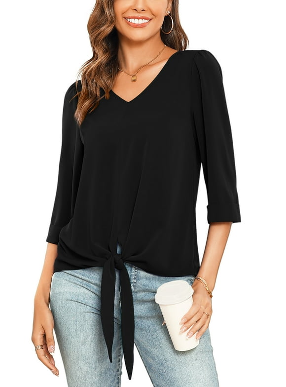 Chiffon Blouses for Women V Neck Tie Front 3/4 Sleeve Tops Business Casual Office Work Loose Top Shirts