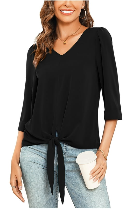 Chiffon Blouses for Women V Neck Tie Front 3/4 Sleeve Tops Business Casual Office Work Loose Top Shirts