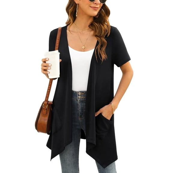 Uvplove Women's Short Sleeve Summer Open Front Cardigan Lightweight Knit with Pcokets,Black,L