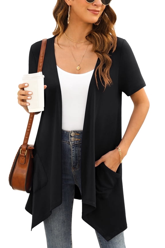 Women's Short Sleeve Summer Open Front Cardigan Lightweight Knit with Pcokets,Black,M