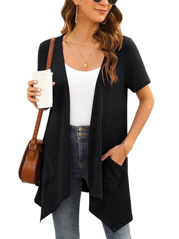 Women's Short Sleeve Summer Open Front Cardigan Lightweight Knit with Pcokets,Black,M