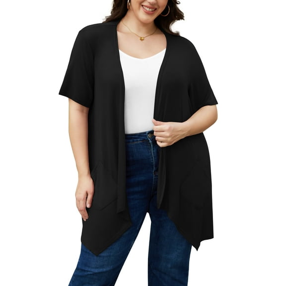 Uvplove Women's Short Sleeve Summer Open Front Cardigan Lightweight Knit with Pcokets,Black,XXL
