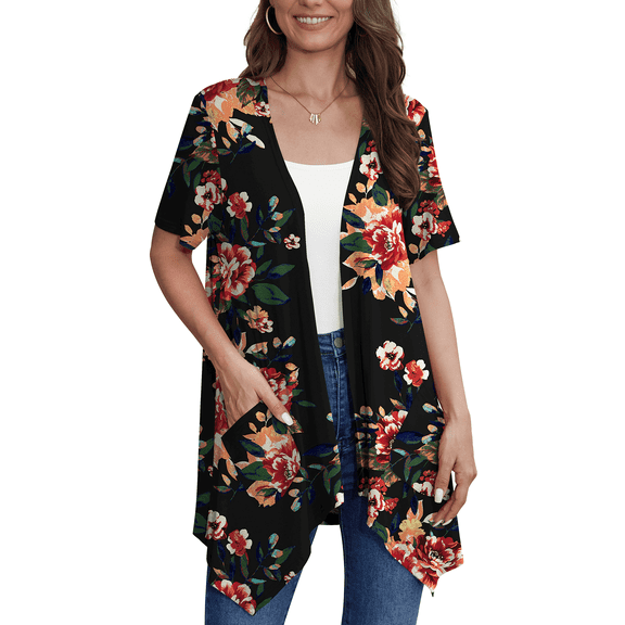 Uvplove Women's Short Sleeve Summer Open Front Cardigan Lightweight Knit with Pcokets,Brown Floral Black,M