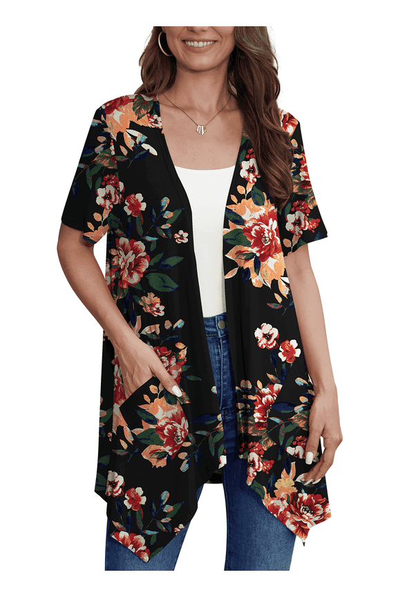Women's Short Sleeve Summer Open Front Cardigan Lightweight Knit with Pcokets,Brown Floral Black,XL