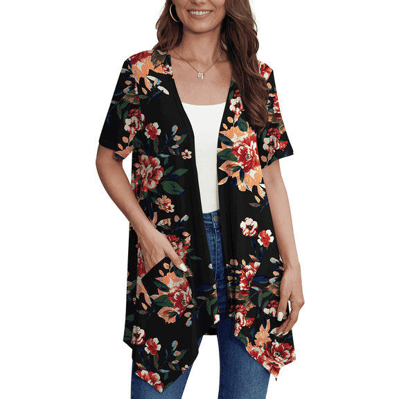 Uvplove Women's Short Sleeve Summer Open Front Cardigan Lightweight Knit with Pcokets,Brown Floral Black,XXL