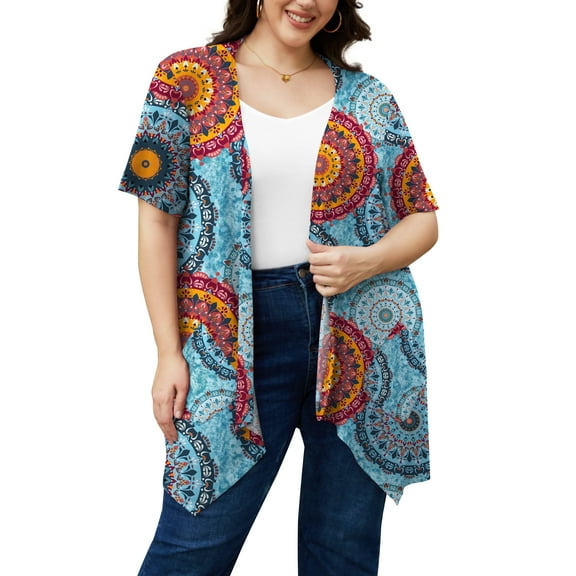 Uvplove Women's Short Sleeve Summer Open Front Cardigan Lightweight Knit with Pcokets,Floral Round Blue,3XL