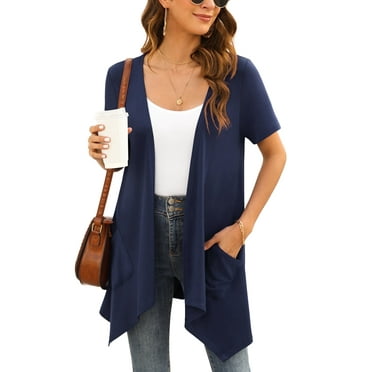 Uvplove Women's Short Sleeve Summer Open Front Cardigan Lightweight Knit with Pcokets,Navy Blue,L