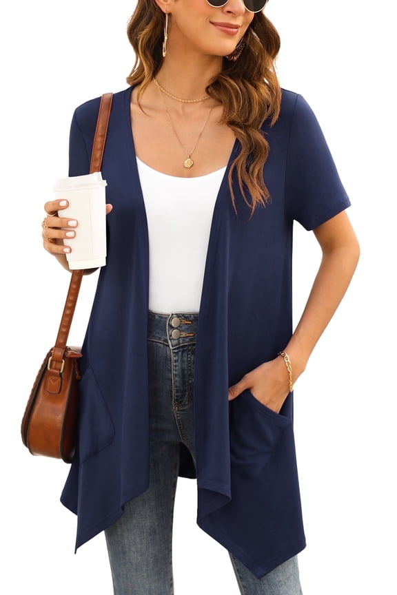 Women's Short Sleeve Summer Open Front Cardigan Lightweight Knit with Pcokets,Navy Blue,L