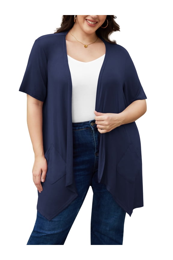 Women's Short Sleeve Summer Open Front Cardigan Lightweight Knit with Pcokets,Navy Blue,XXL