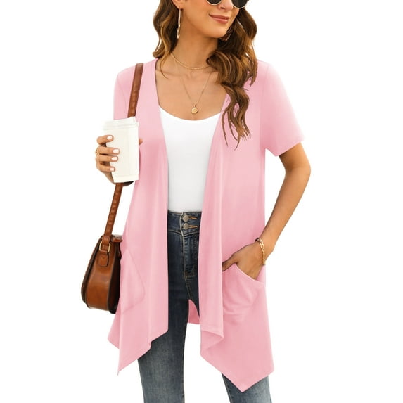 Uvplove Women's Short Sleeve Summer Open Front Cardigan Lightweight Knit with Pcokets,Pink,L