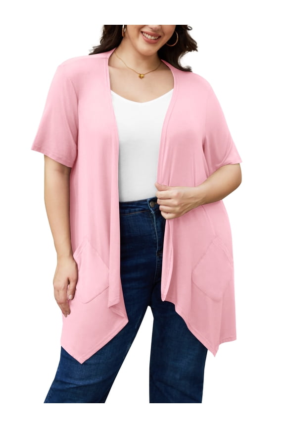 Women's Short Sleeve Summer Open Front Cardigan Lightweight Knit with Pcokets,Pink,XL