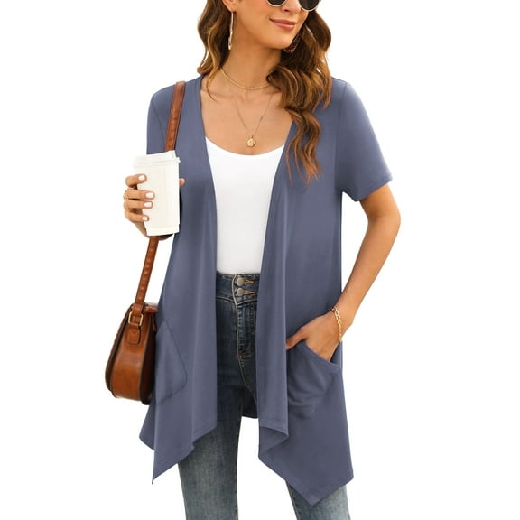 Uvplove Women's Short Sleeve Summer Open Front Cardigan Lightweight Knit with Pcokets,Purple Grey,L