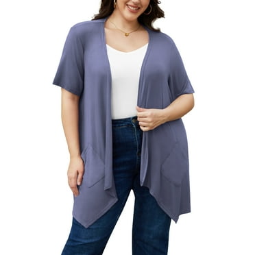 Uvplove Women's Short Sleeve Summer Open Front Cardigan Lightweight Knit with Pcokets,Purple Grey,XL