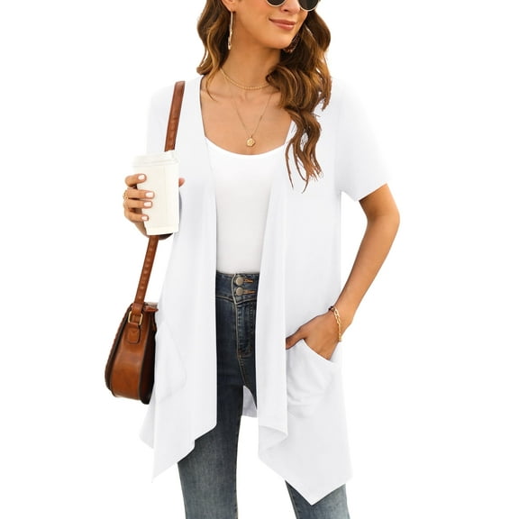 Uvplove Women's Short Sleeve Summer Open Front Cardigan Lightweight Knit with Pcokets,White,L
