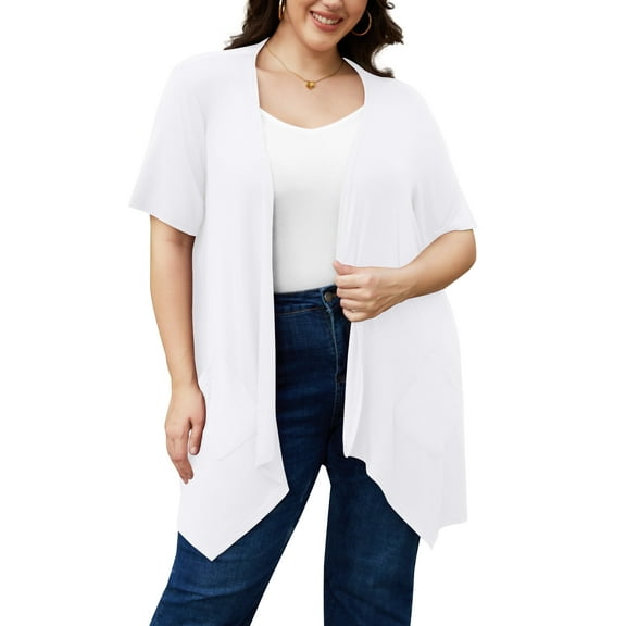 Uvplove Women's Short Sleeve Summer Open Front Cardigan Lightweight Knit with Pcokets,White,XL