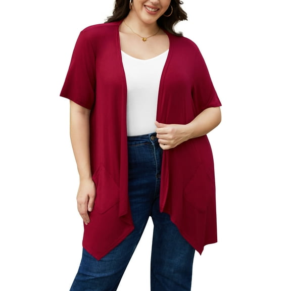 Uvplove Women's Short Sleeve Summer Open Front Cardigan Lightweight Knit with Pcokets,Wine Red,XL