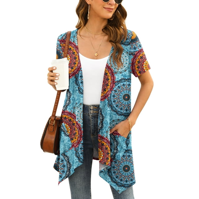 Uvplove Floral Short Sleeve Cardigans for Women Casual Drape Open Front Lightweight Summer
