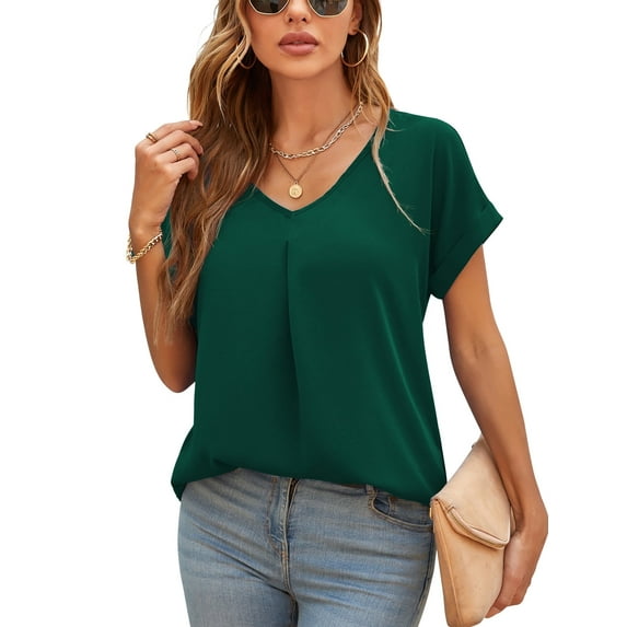 Uvplove Summer Blouses for Women Elegant Casual V Neck Chiffon Blouses Tops Shirts,Dark Green,S
