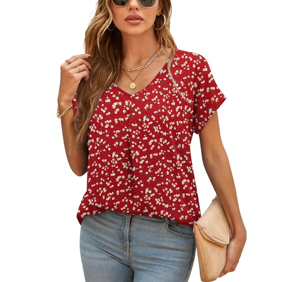 Uvplove Summer Blouses for Women Elegant Casual V Neck Chiffon Blouses Tops Shirts,MM F Red,M