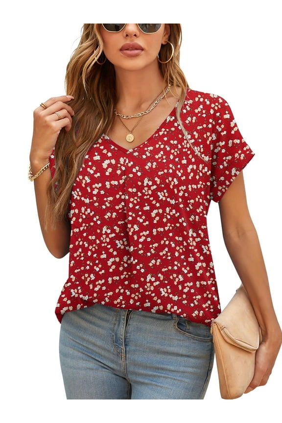 Summer Blouses for Women Elegant Casual V Neck Chiffon Blouses Tops Shirts,MM F Red,M