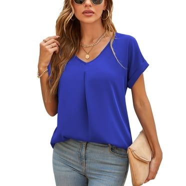 Uvplove Summer Blouses for Women Elegant Casual V Neck Chiffon Blouses Tops Shirts,Royal Blue,XL
