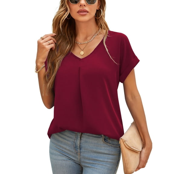 Uvplove Summer Blouses for Women Elegant Casual V Neck Chiffon Blouses Tops Shirts,Wine Red,XL