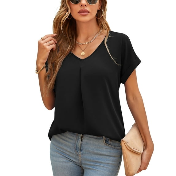 Uvplove Summer Blouses for Women Elegant Casual V Neck Chiffon Blouses Tops Shirts,Black,XL