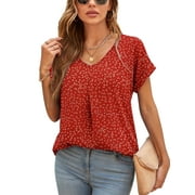 UVPLOVE Summer Blouses for Women Elegant Casual V Neck Chiffon Blouses Tops Shirts,Flower Navy Red,S-2XL