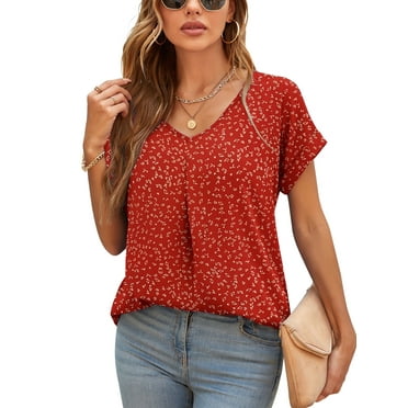 Uvplove Summer Blouses for Women Elegant Casual V Neck Chiffon Blouses Tops Shirts,Flower Navy Red,L