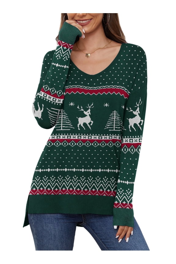V Neck Christmas Ugly Sweater for Women Knit Pullover Christmas Sweaters,US Size S-2XL In Christma Green