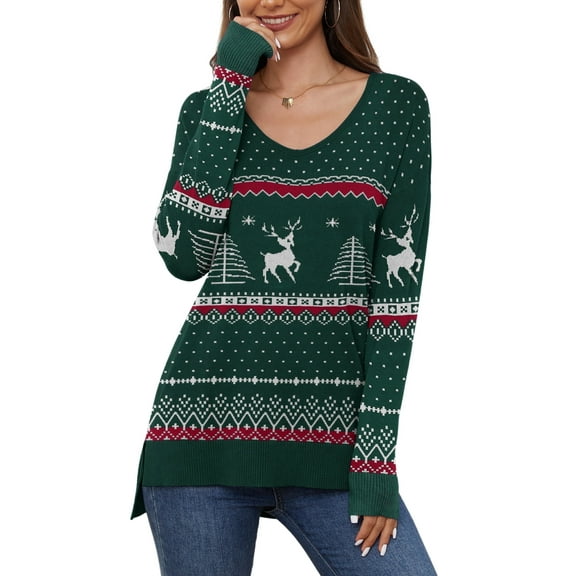 Uvplove V Neck Christmas Ugly Sweater for Women Knit Pullover Christmas Sweaters,US Size S-2XL In Christma Green