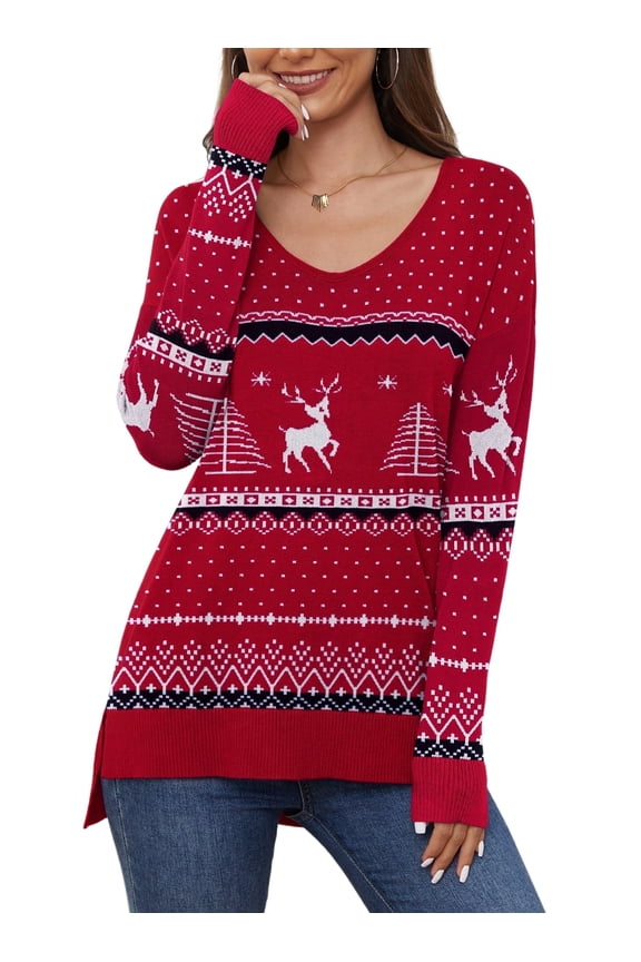 V Neck Christmas Ugly Sweater for Women Knit Pullover Christmas Sweaters,US Size S-2XL In Christma Wine Red