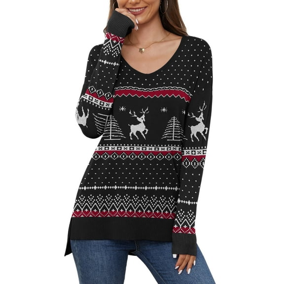 Uvplove V Neck Christmas Ugly Sweater for Women Knit Pullover Christmas Sweaters,US Size S-2XL In Christma Black