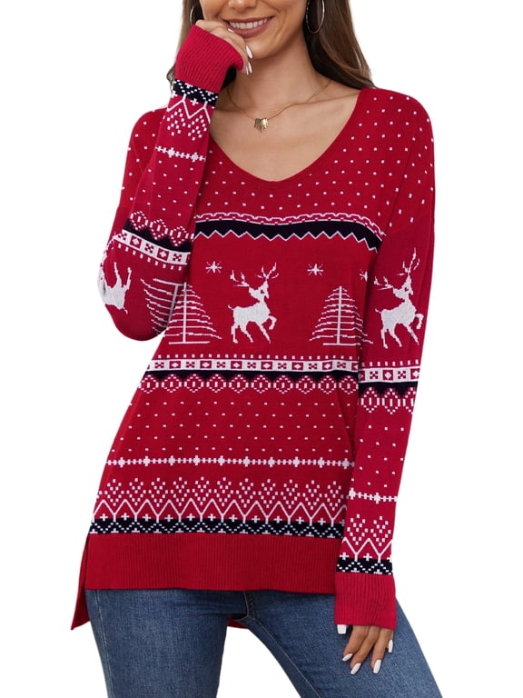 V Neck Christmas Ugly Sweater for Women Knit Pullover Christmas Sweaters,US Size S-2XL In Christma Wine Red