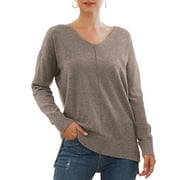 Uvplove V Neck Sweaters for Women Fall Lightweight Knit Pullover Sweater Blouse,US Size Large In Brown