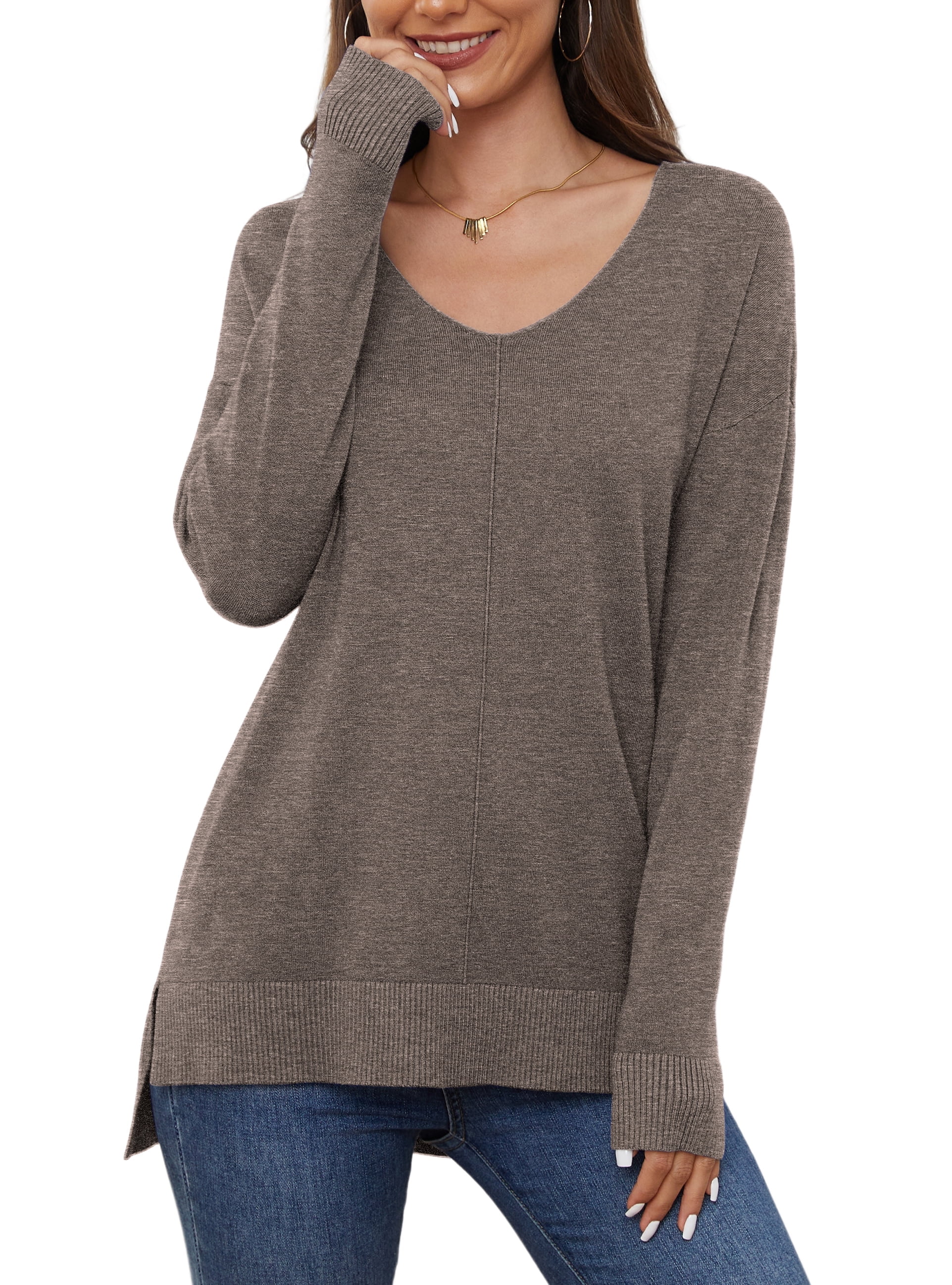 V Neck Sweaters for Women Fall Lightweight Knit Pullover Sweater Tops,US Size S-2XL In Brown