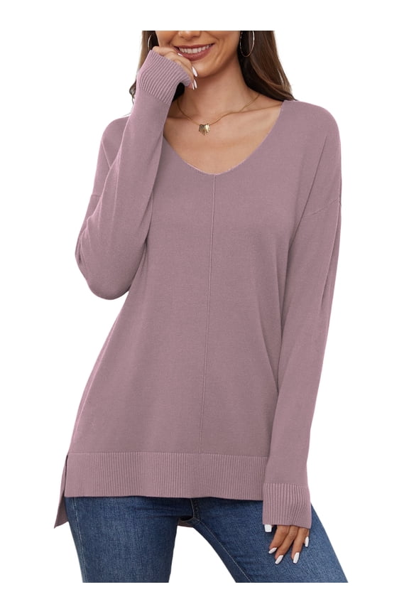 V Neck Sweaters for Women Lightweight Knit Pullover Sweater,US Size S-2XL In Purple Gray